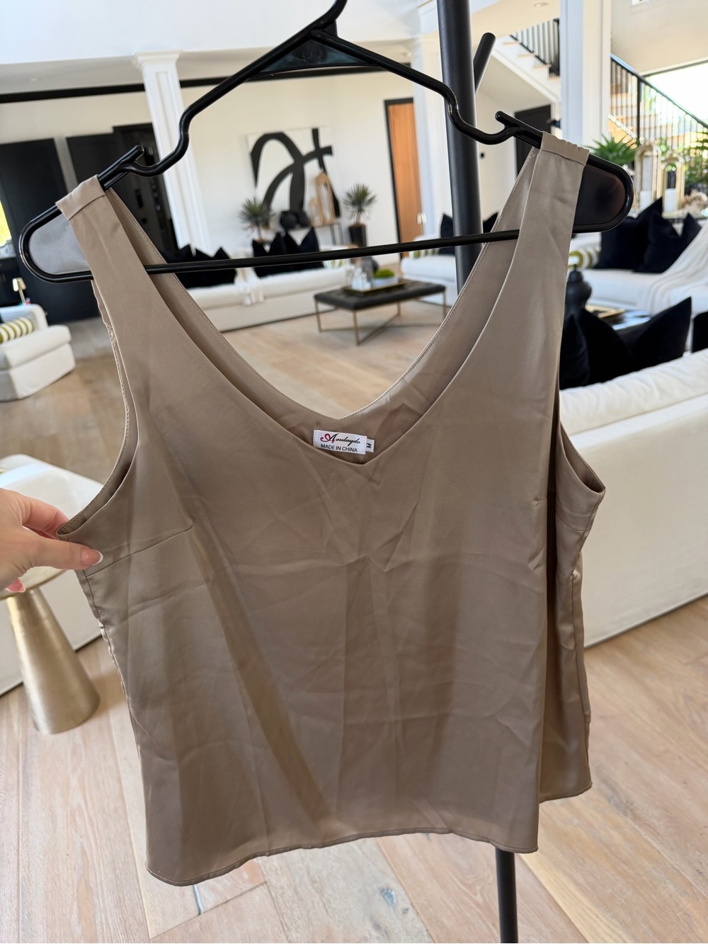 Silky V-Neck Tank Top in Taupe